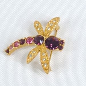 Dragonfly Brooch Pin Gold Tone Vtg Avon Purple Pink Rhinestone Dragonfly Brooch